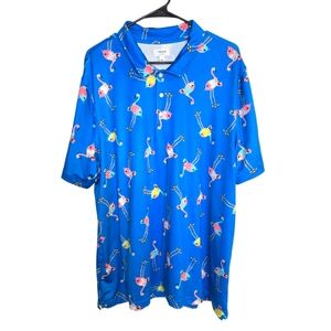 Cabana Blue Flamingo Print Polo Shirt, XL, Tropical Vacation, Beachy! EUC!